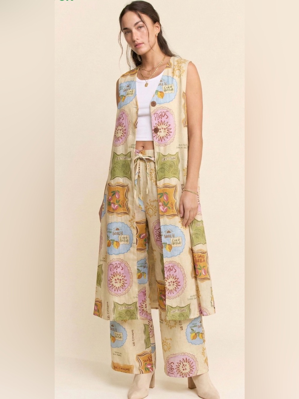 Davi & Dani Printed LINEN V NECK VEST ELASTIC WAIST BAND PANT